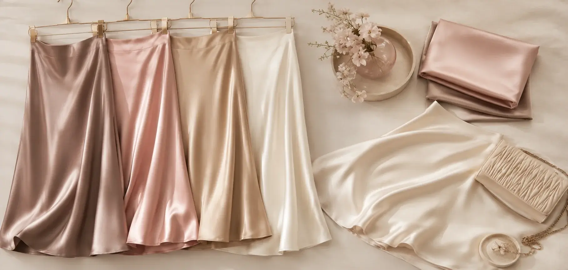 Elegant charmeuse skirts in blush, champagne, and ivory with folded satin fabric and accessories.
