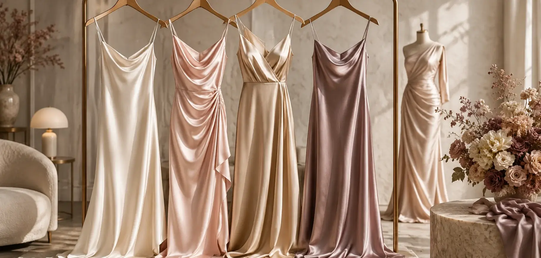 Elegant charmeuse dresses in ivory, blush, champagne, and mauve displayed on a clothing rack.