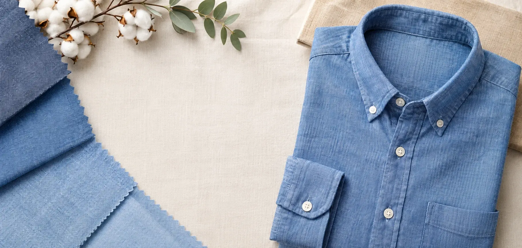 Blue chambray shirt with matching fabric swatches and cotton on a neutral background.