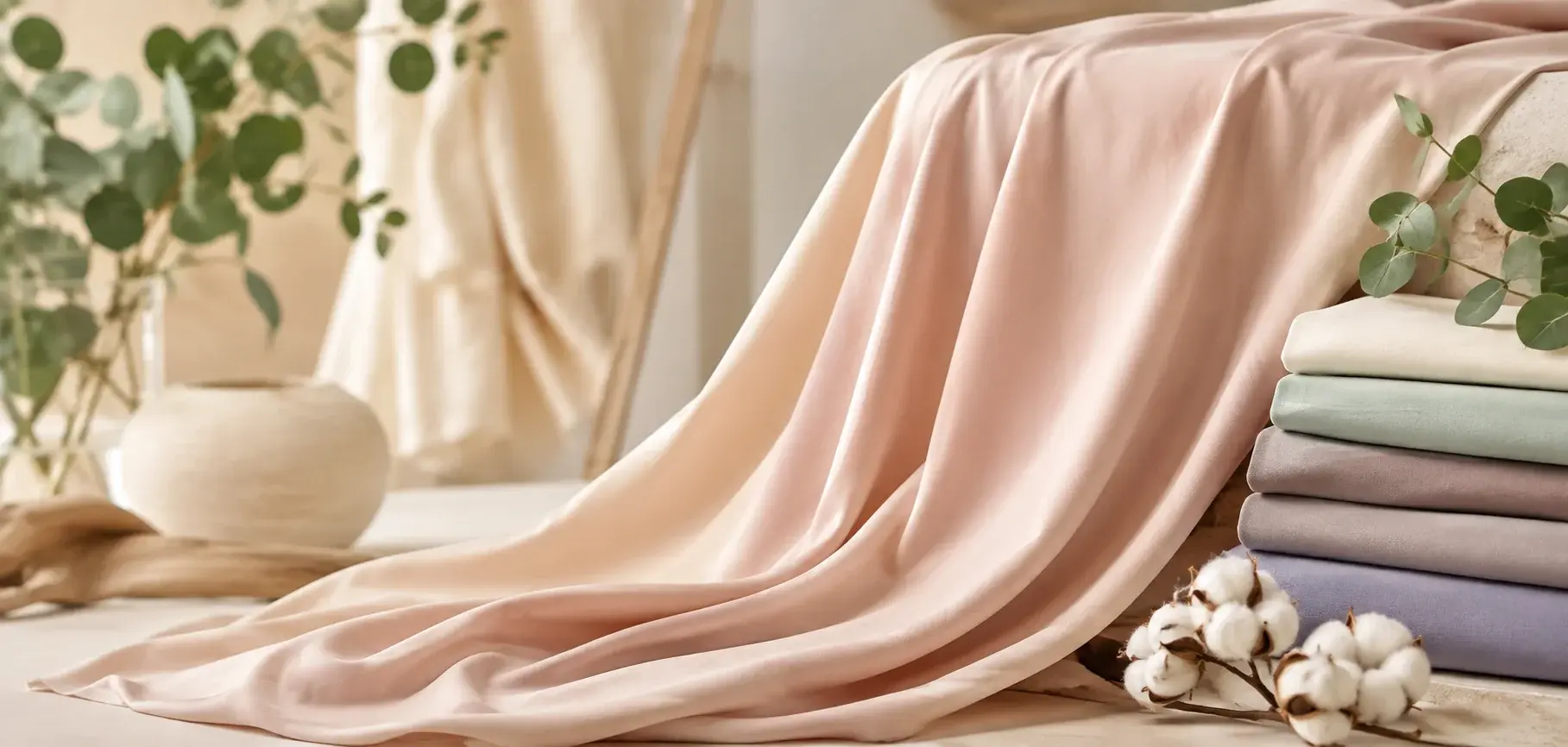 Soft blush modal fabric with smooth drape, folded pastel textiles, and natural cotton accents.