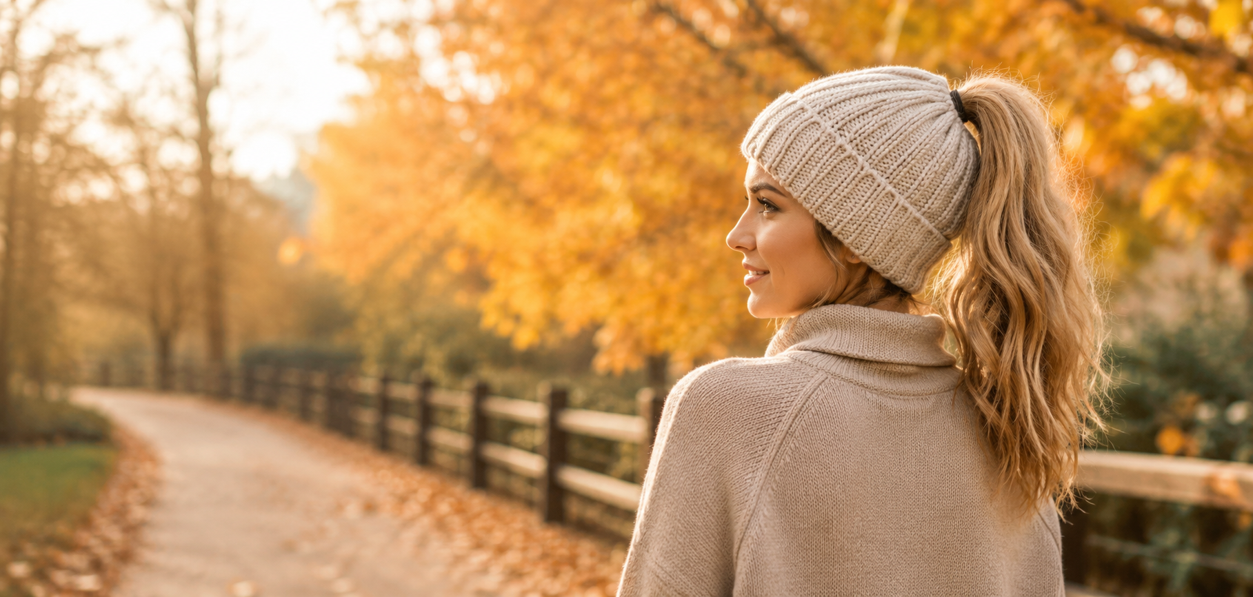 Woman wearing a cream ponytail beanie on an autumn park trail.