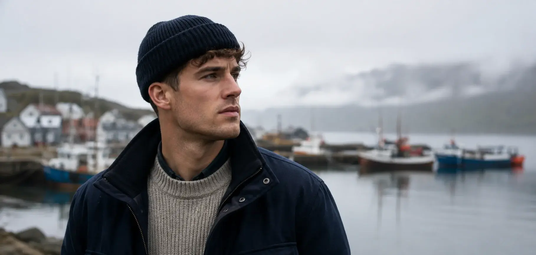 Man wearing a navy fisherman beanie at a coastal harbor.