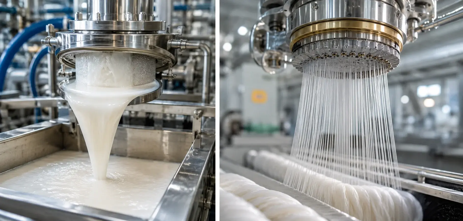 Viscose solution being filtered and extruded through spinnerets into fine fibers during fabric production.