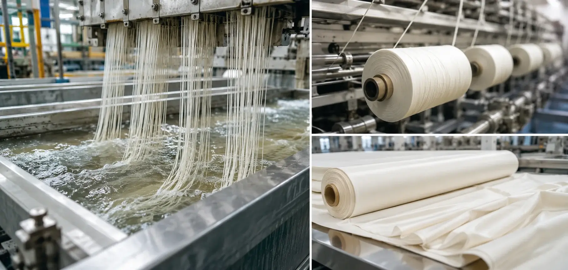 Viscose filaments passing through an acid bath before being wound into yarn and finished as smooth viscose fabric.