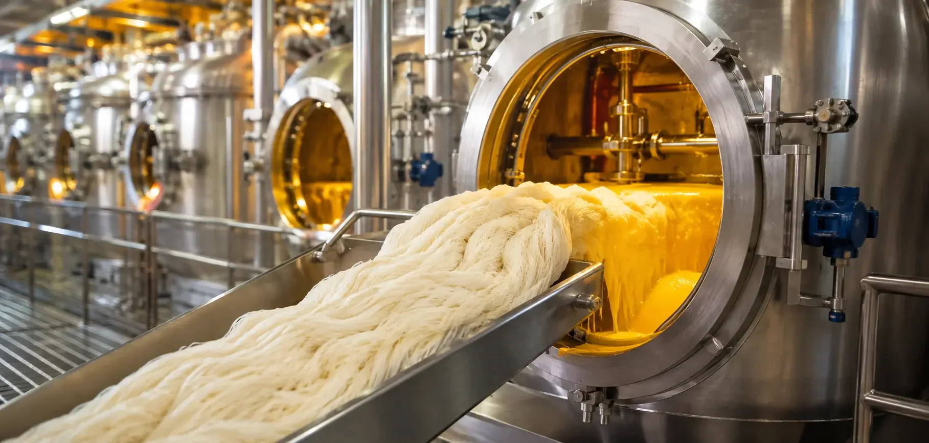 Alkali cellulose undergoing aging and xanthation in an industrial reactor during viscose fabric production.