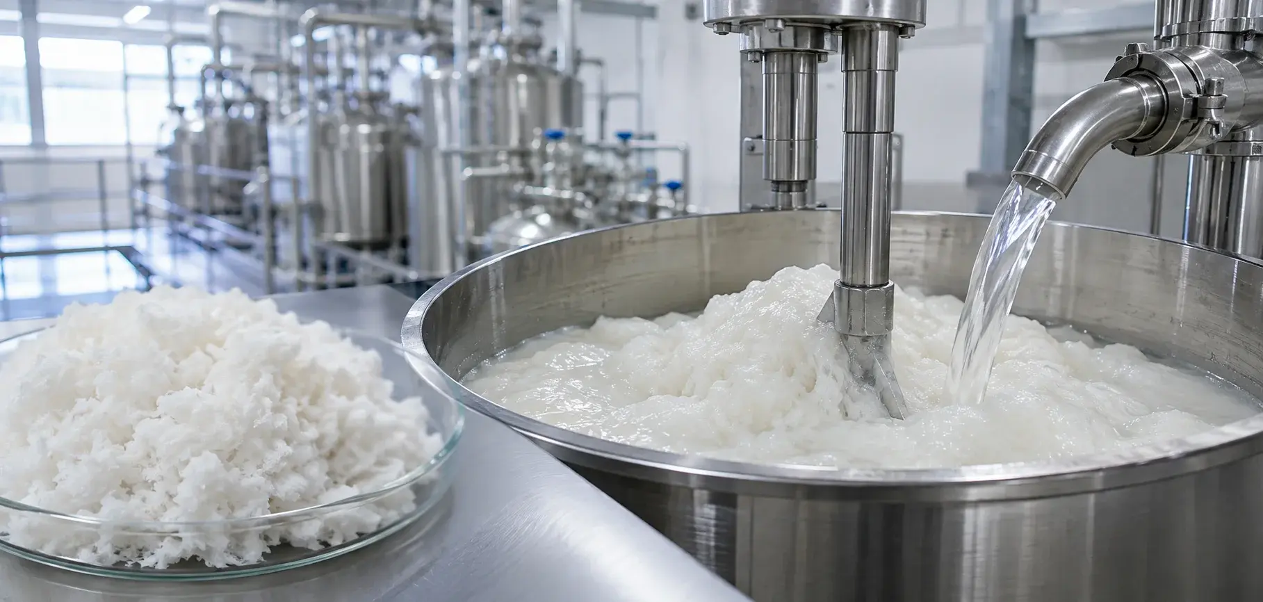 Cellulose pulp being mixed with an alkali solution in a stainless steel tank during viscose fabric production.