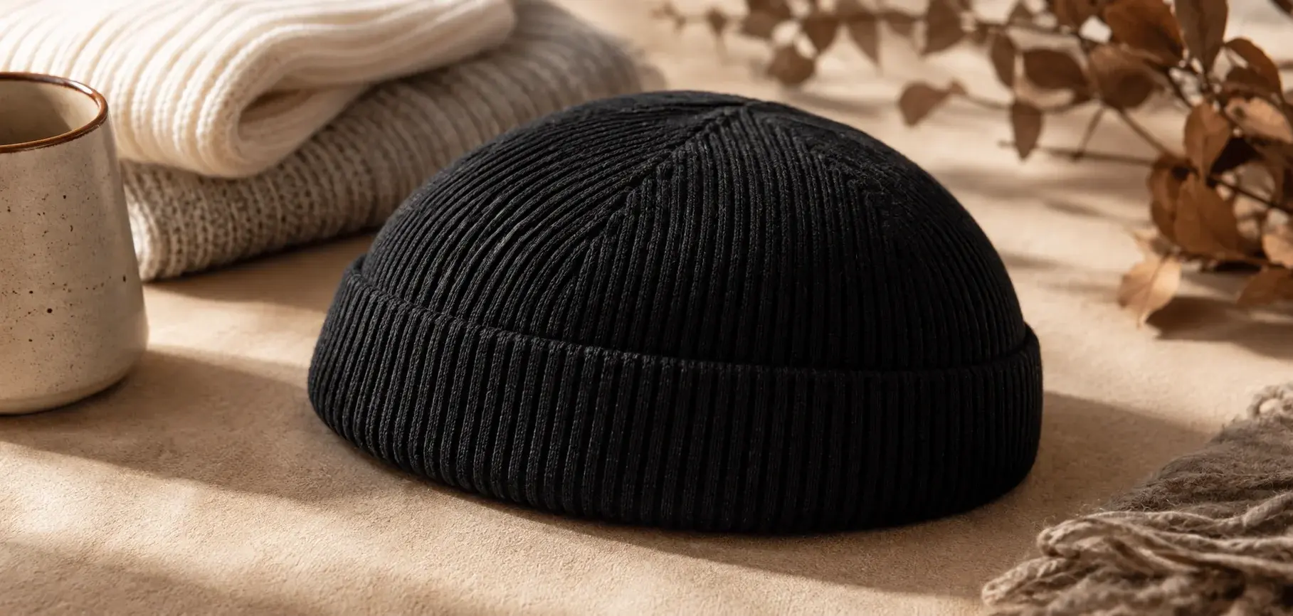 Black ribbed skullcap beanie styled with neutral winter accessories.