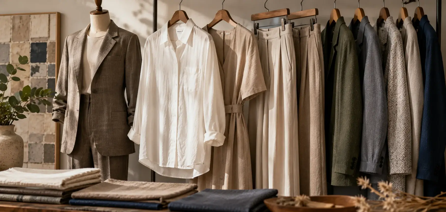 Collection of woven clothing including blazers, shirts, dresses, trousers, and jackets displayed on hangers and a mannequin.