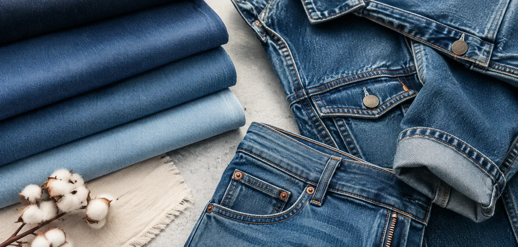 Folded denim twill fabrics with blue jeans and a denim jacket showing the classic diagonal weave texture.