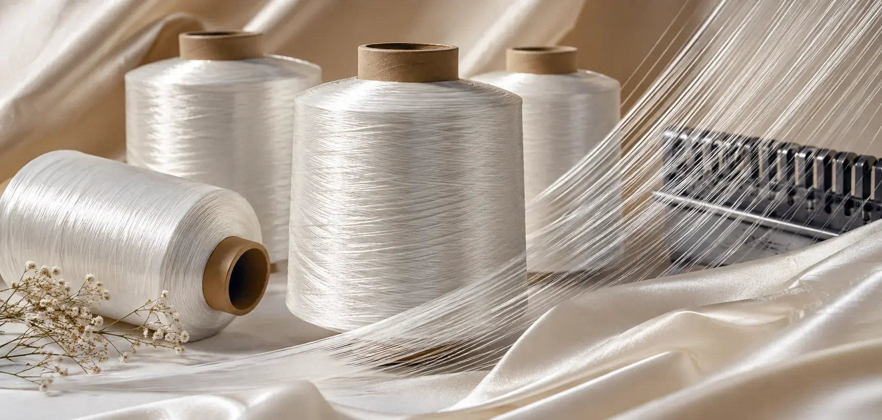 Lustrous white viscose filament yarn wound on spools with fine continuous fibers and silky fabric.