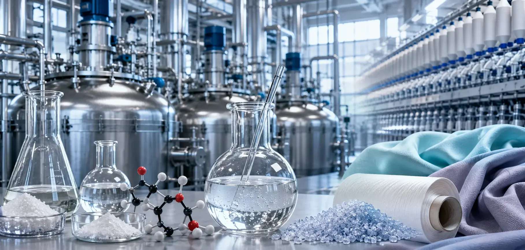 Polyester monomer production showing chemical ingredients, molecular structure, polymer pellets, yarn, and finished fabric.