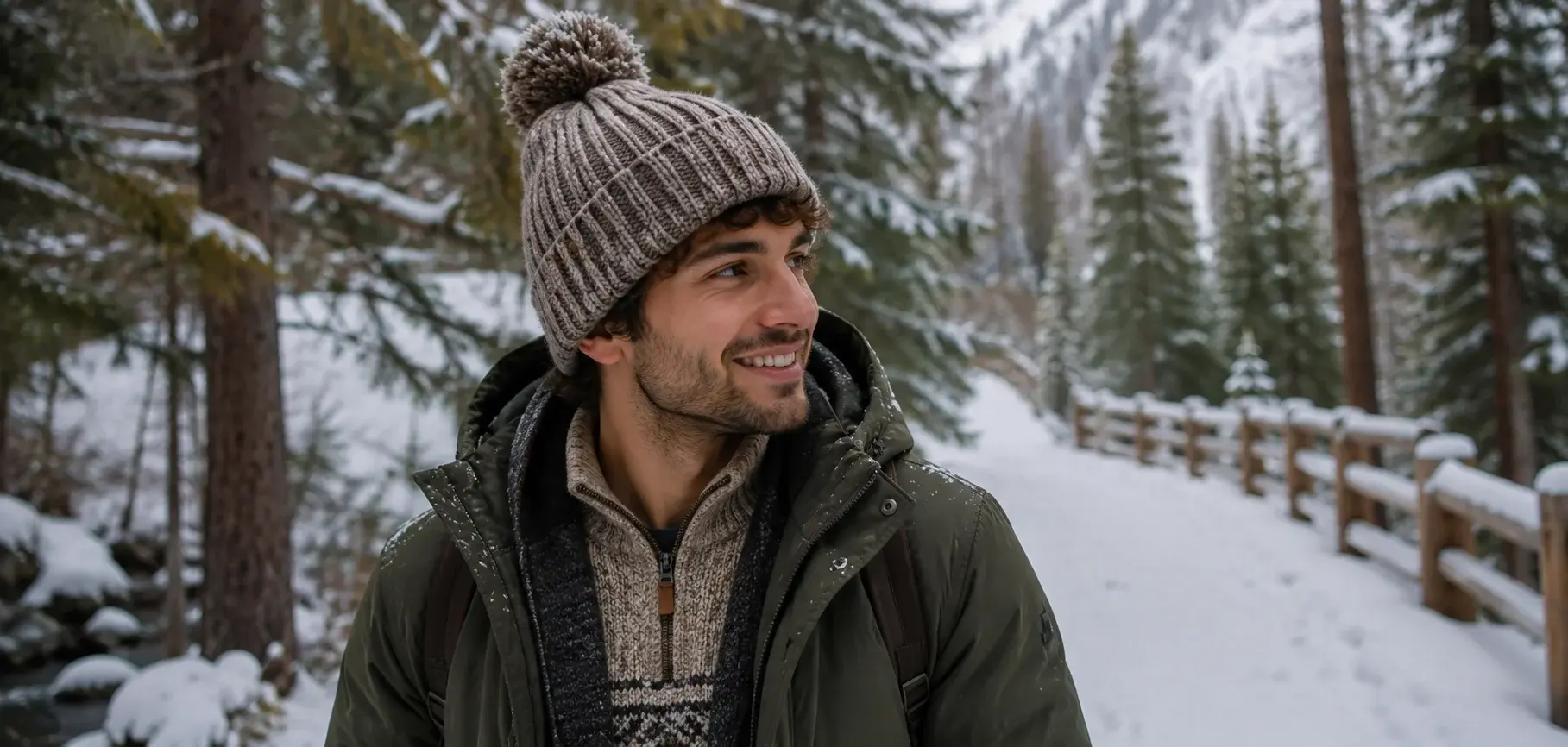 Man wearing a bobble beanie on a snowy forest trail.