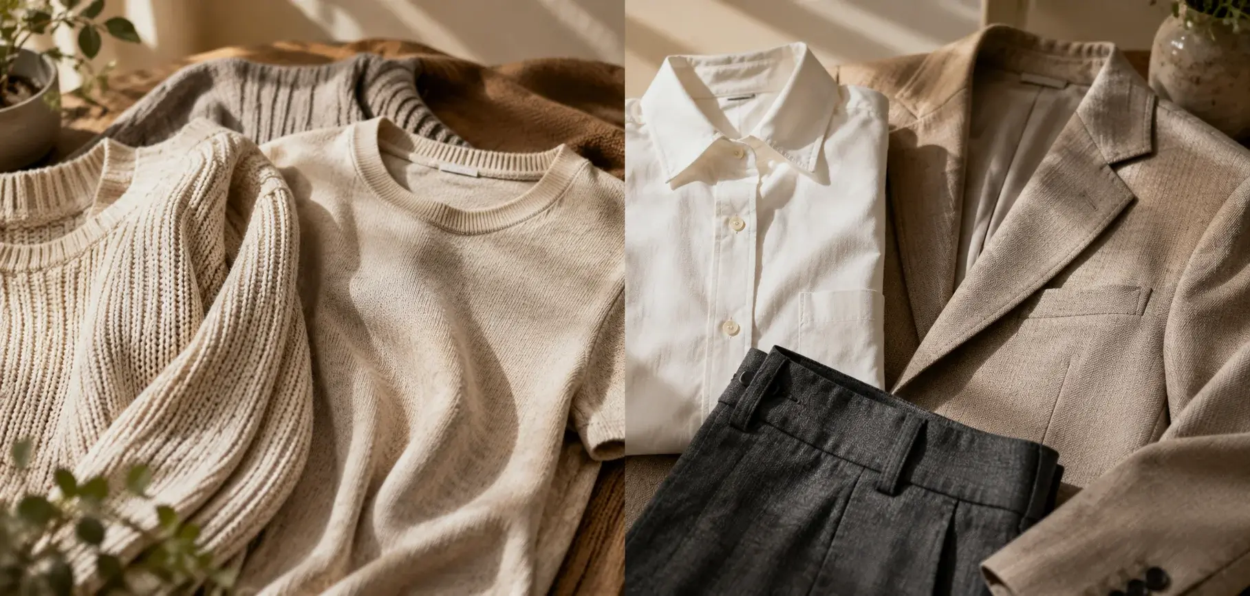 Side-by-side comparison of soft knitted sweaters and structured woven clothing, including a shirt, trousers, and blazer.