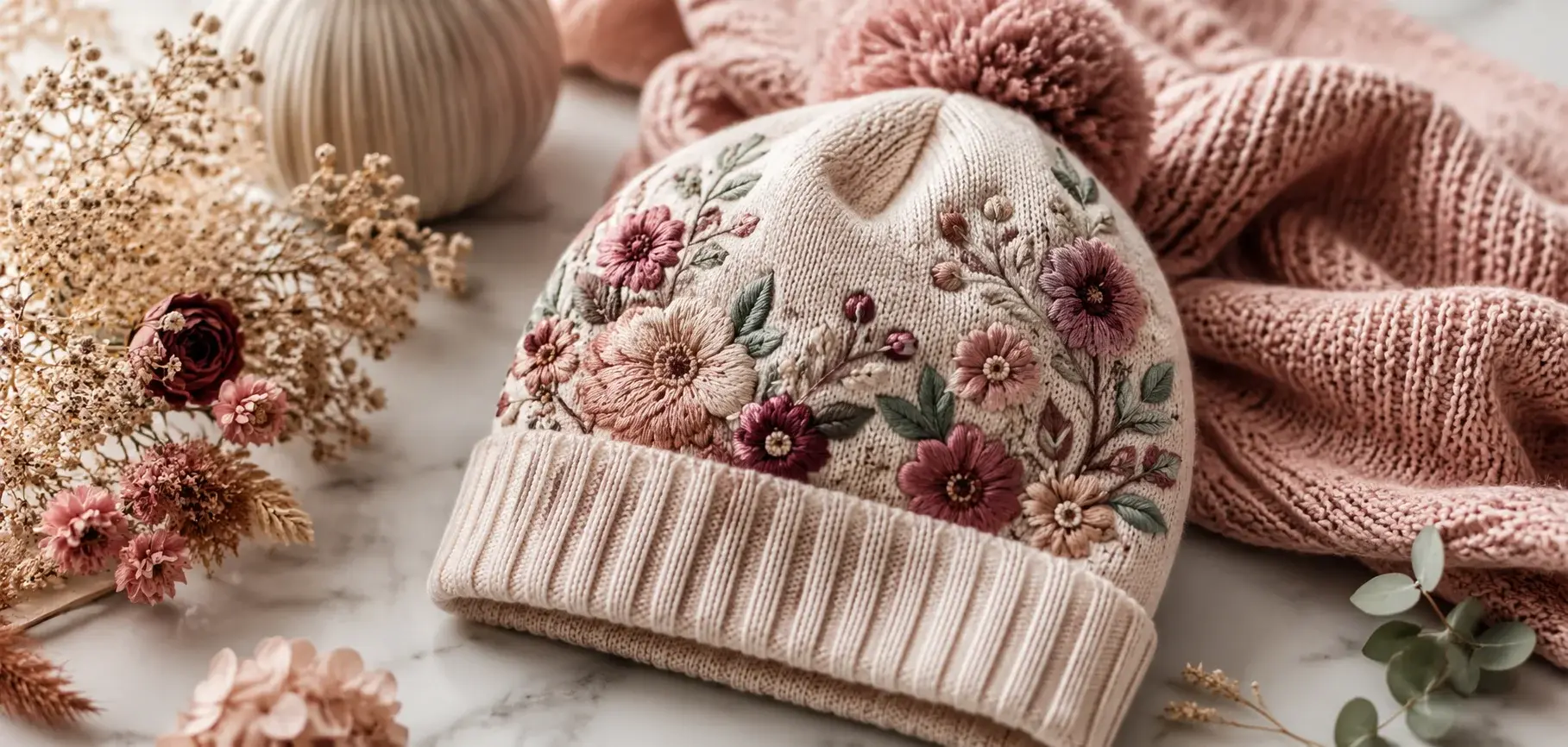 Cream floral beanie with embroidered flowers and a pink pom-pom