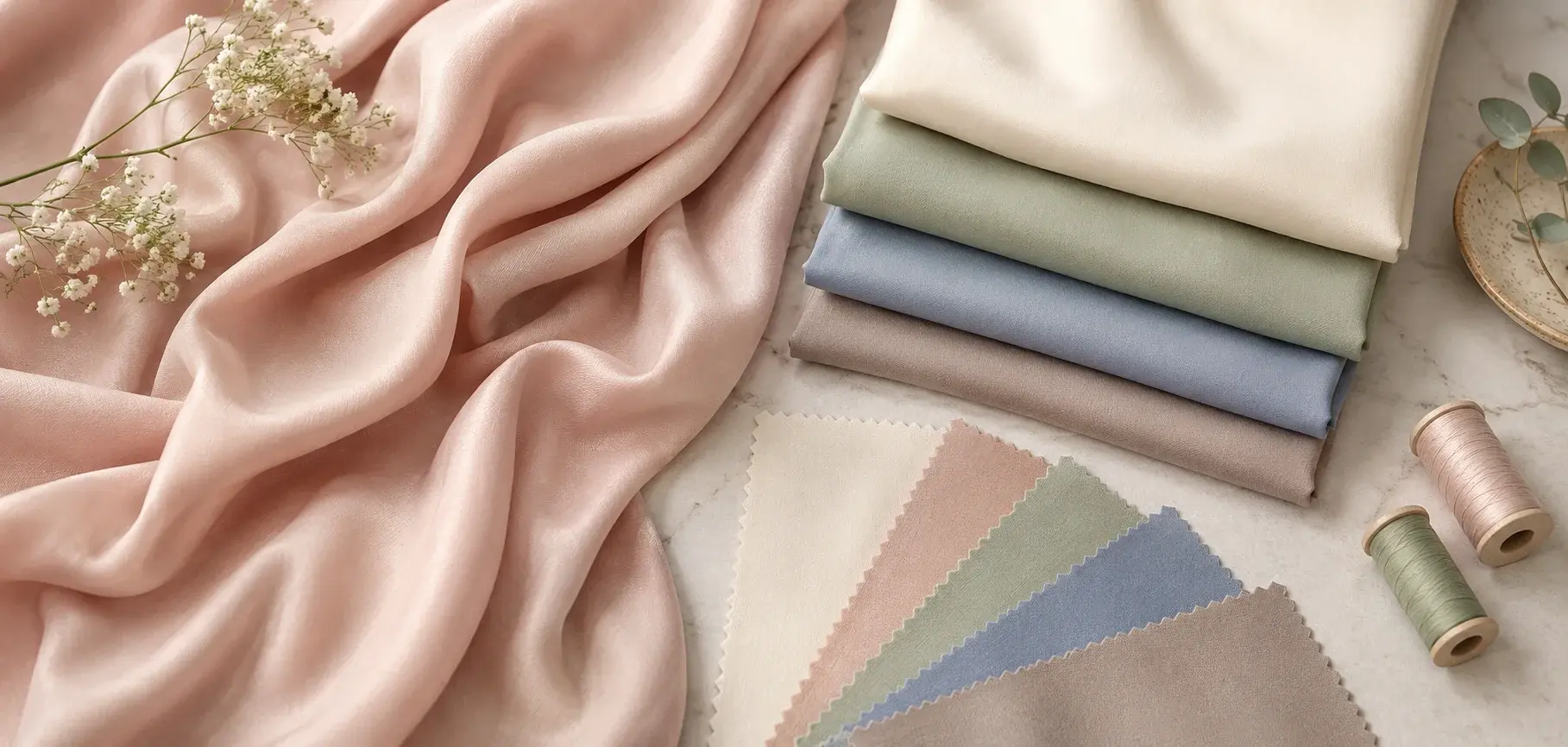 Pastel viscose fabrics with swatches and thread spools.