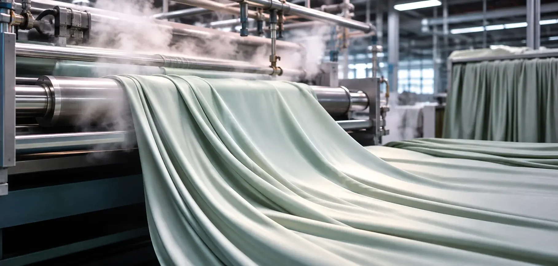 Modal fabric passing through industrial finishing rollers during the final textile production process.