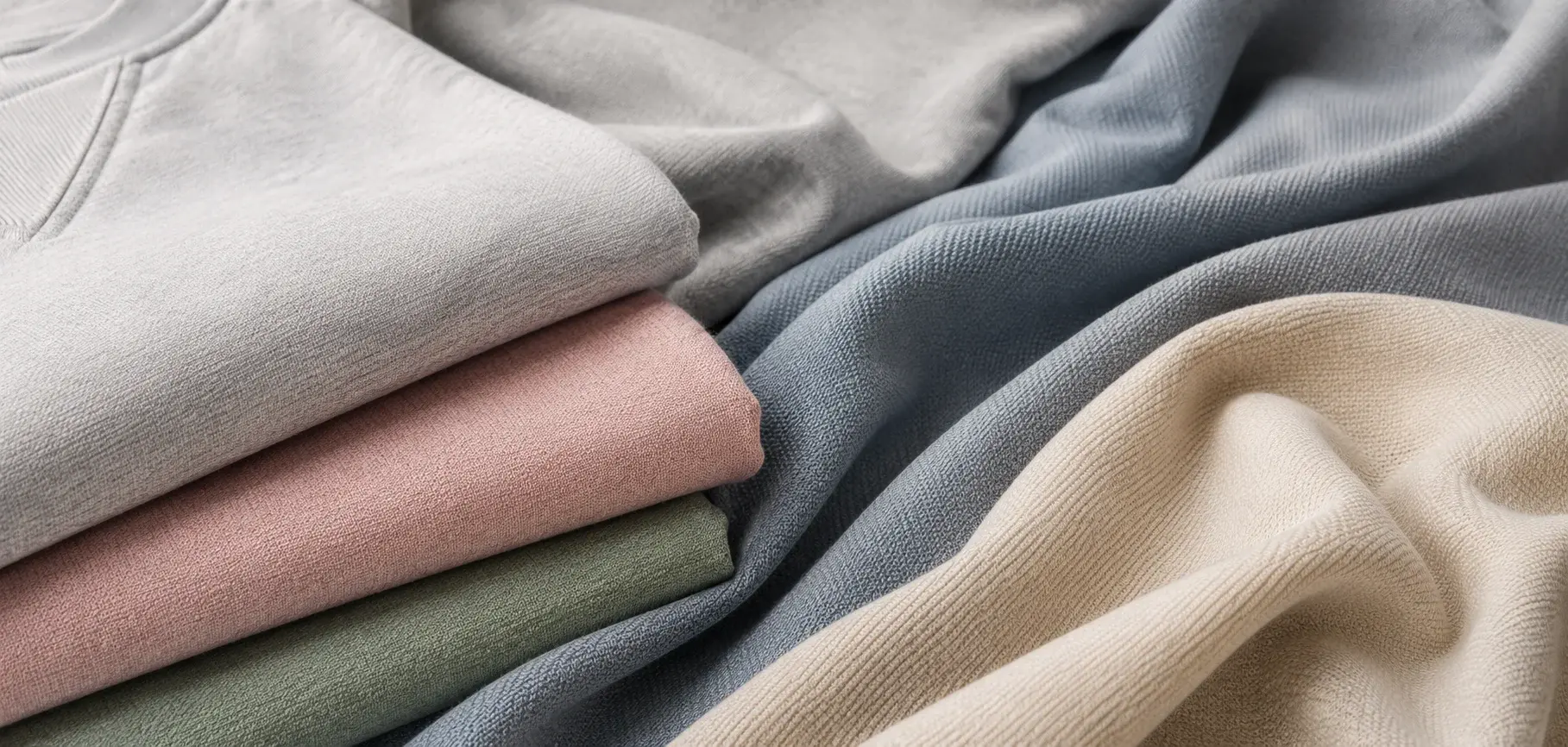 Soft blended polyester fabrics in beige, blue, gray, pink, and green with smooth woven textures.