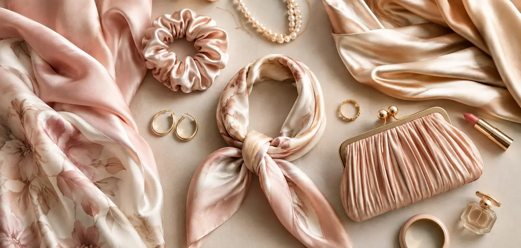 Floral charmeuse scarf, satin scrunchie, clutch, jewelry, and soft blush fabric accessories.