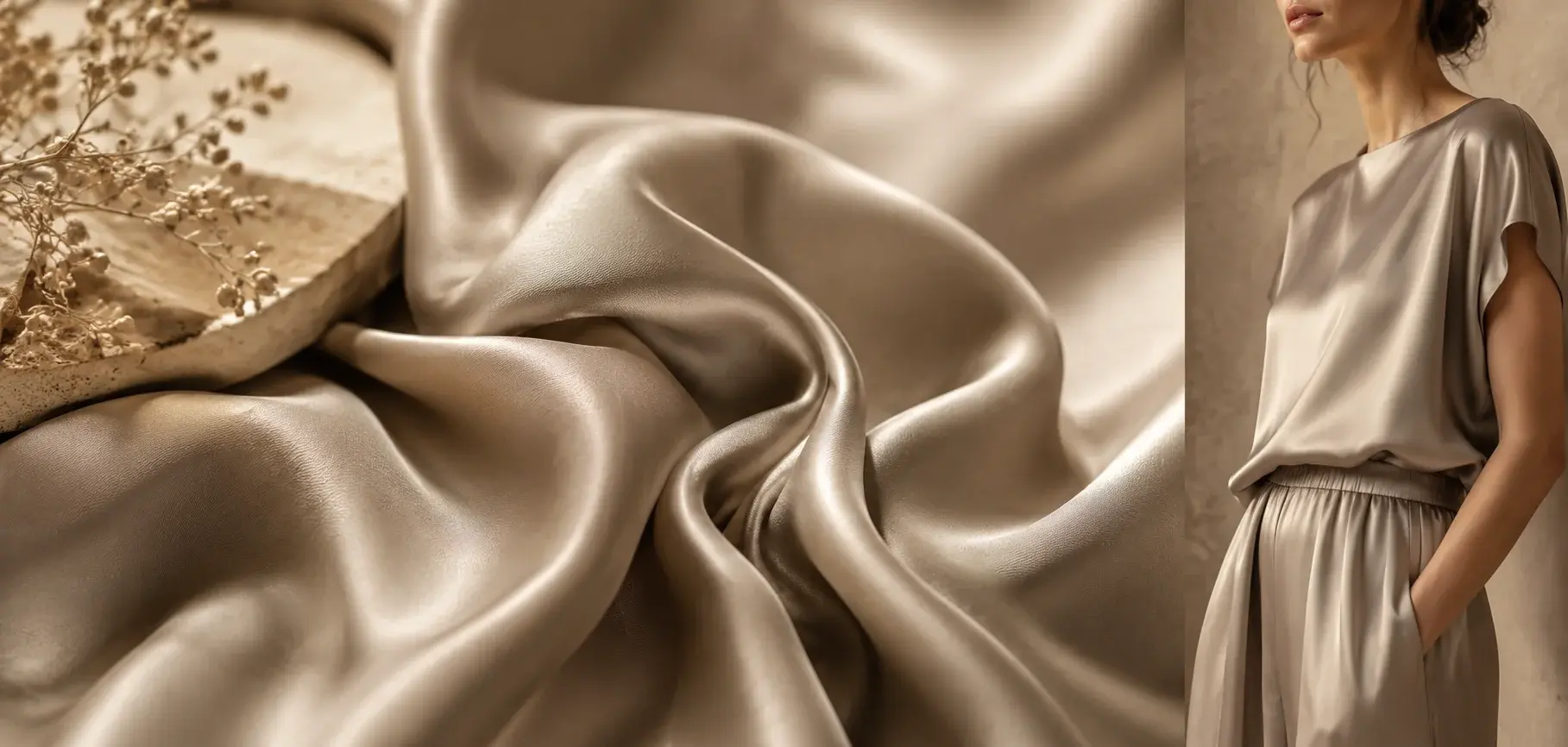 Silky taupe cupro fabric with a smooth flowing drape shown alongside a matching lightweight outfit.
