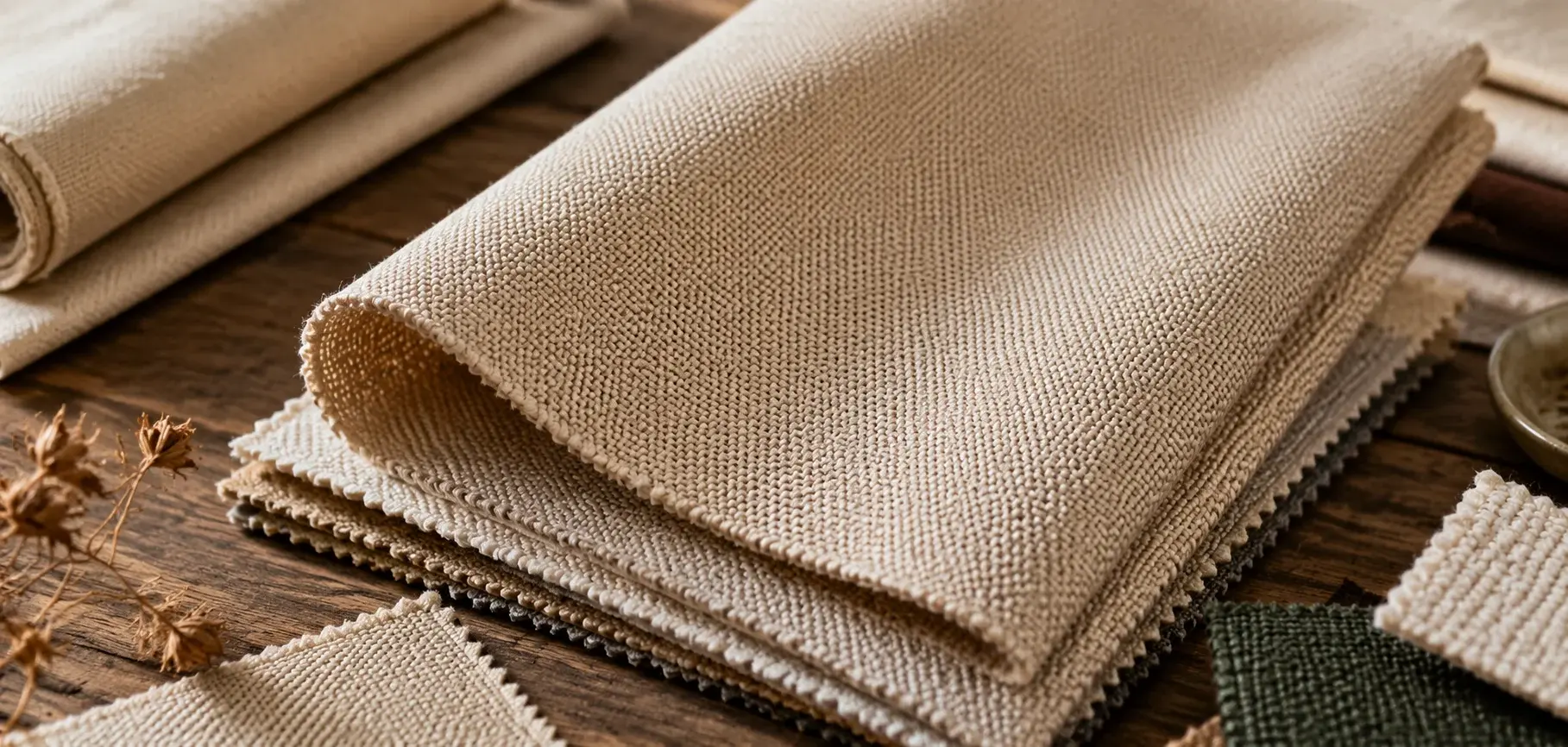 Close-up of beige plain weave fabric showing a simple, balanced over-under woven texture.