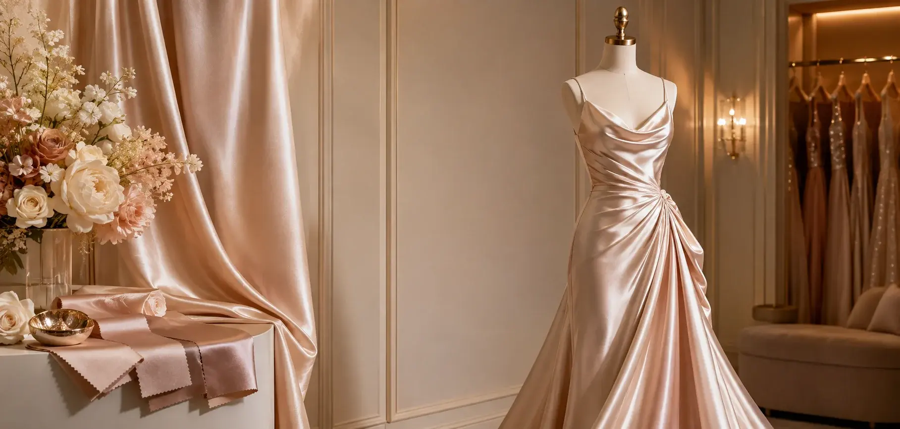 Elegant champagne charmeuse evening dress displayed on a mannequin with matching fabric swatches.