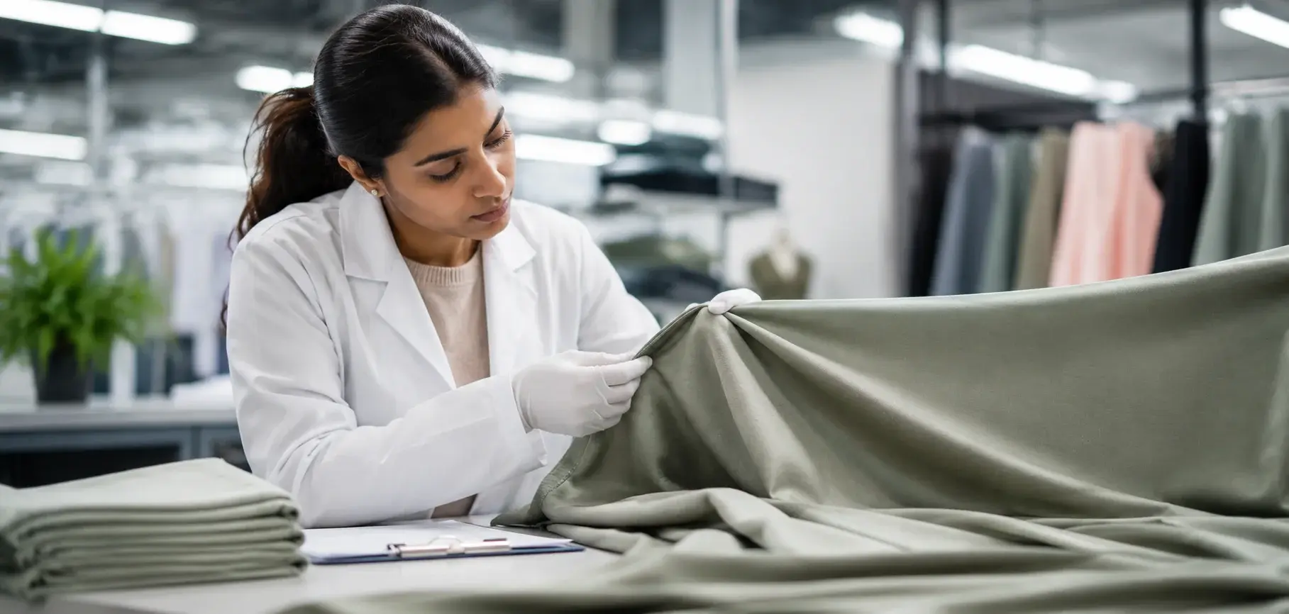Quality controller inspecting soft modal fabric for texture, consistency, and manufacturing defects.