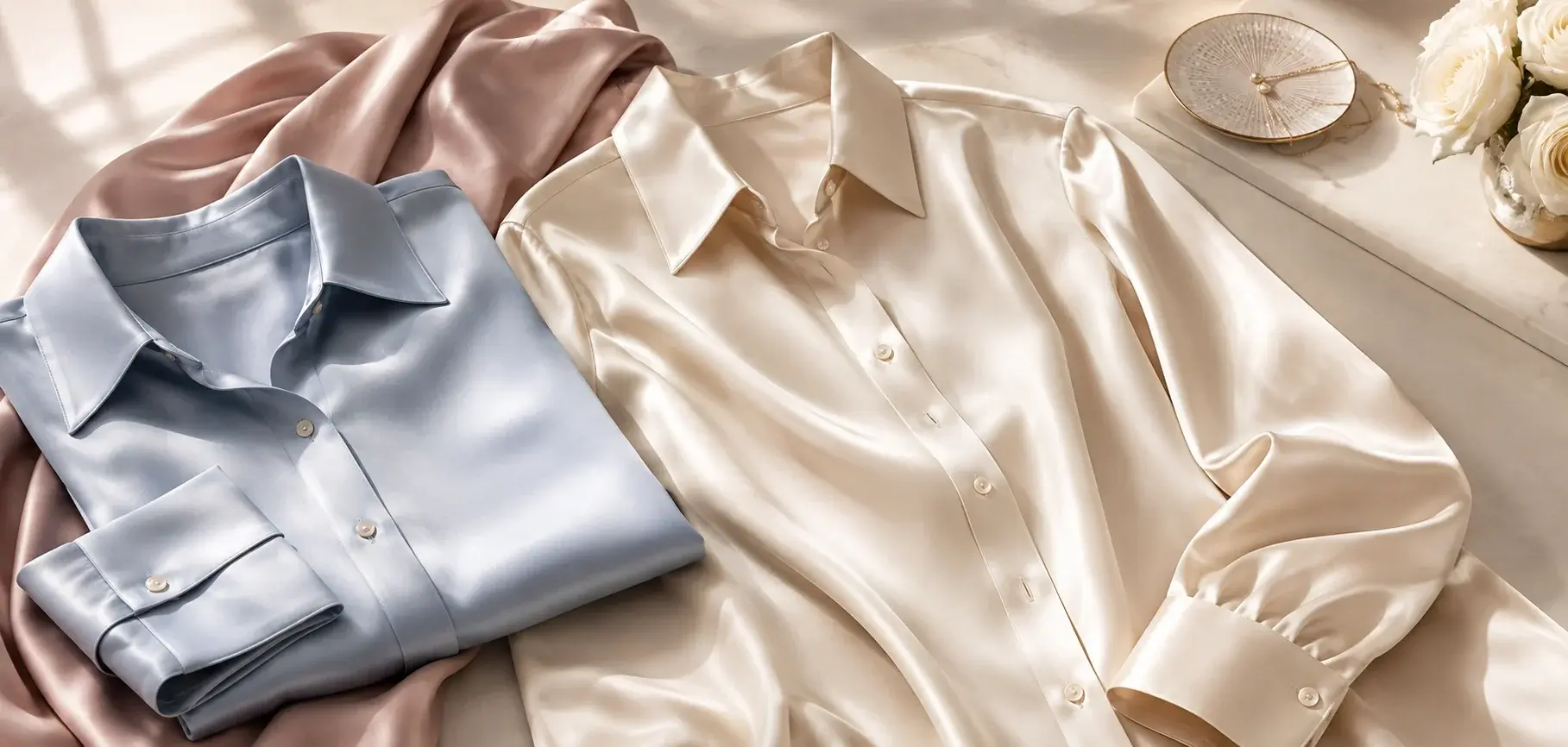 Blue and ivory charmeuse shirts displayed with soft blush fabric and elegant accessories.