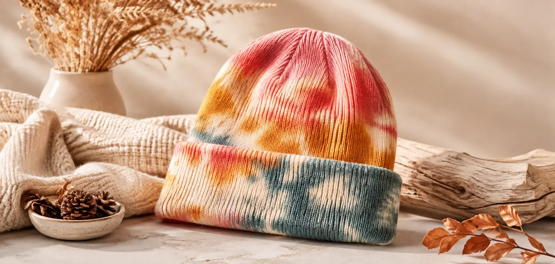 Colorful tie-dye beanie displayed with cozy autumn accessories.