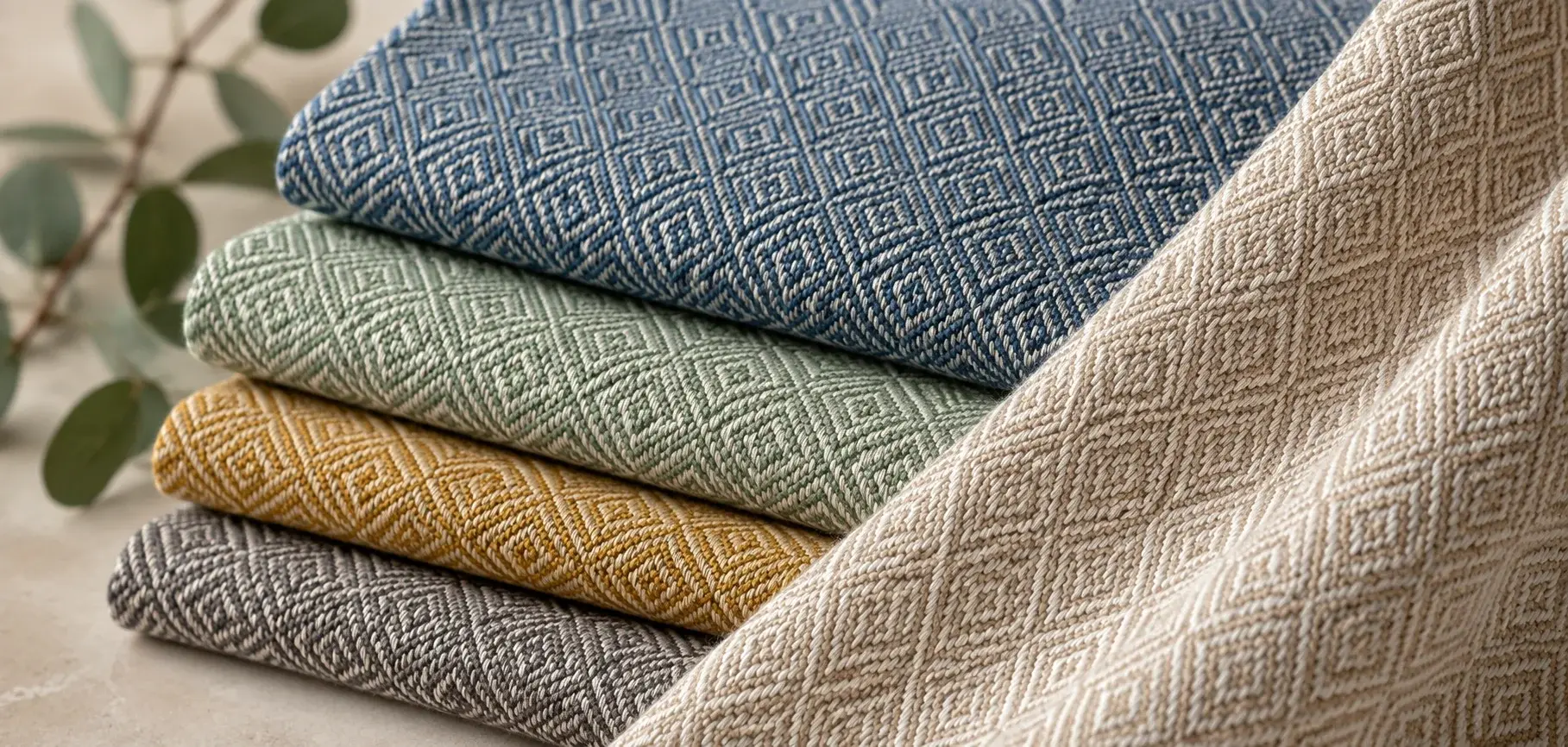 Folded diamond twill fabrics in multiple colors showing a distinctive geometric diamond weave pattern.