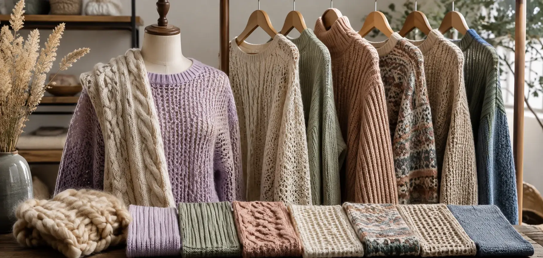 Knitted sweaters and fabric swatches in different textures displayed on a mannequin and clothing rack.