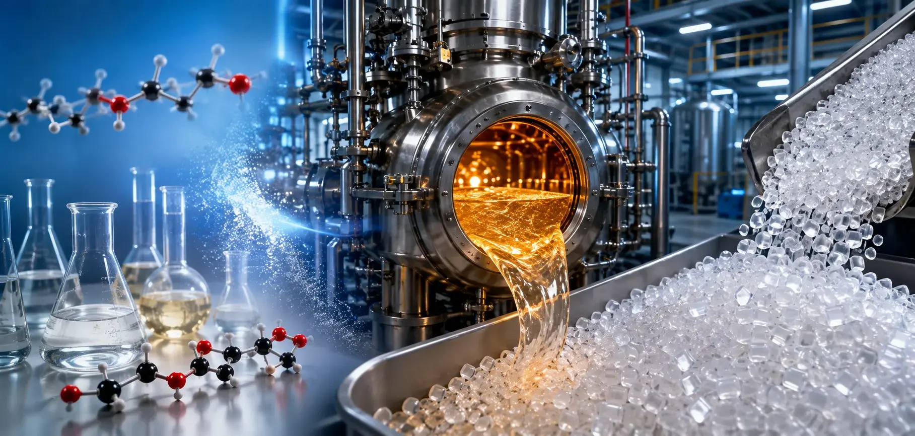 Polyester polymer production showing chemical reaction, molten polymer, and PET pellets in a manufacturing plant.