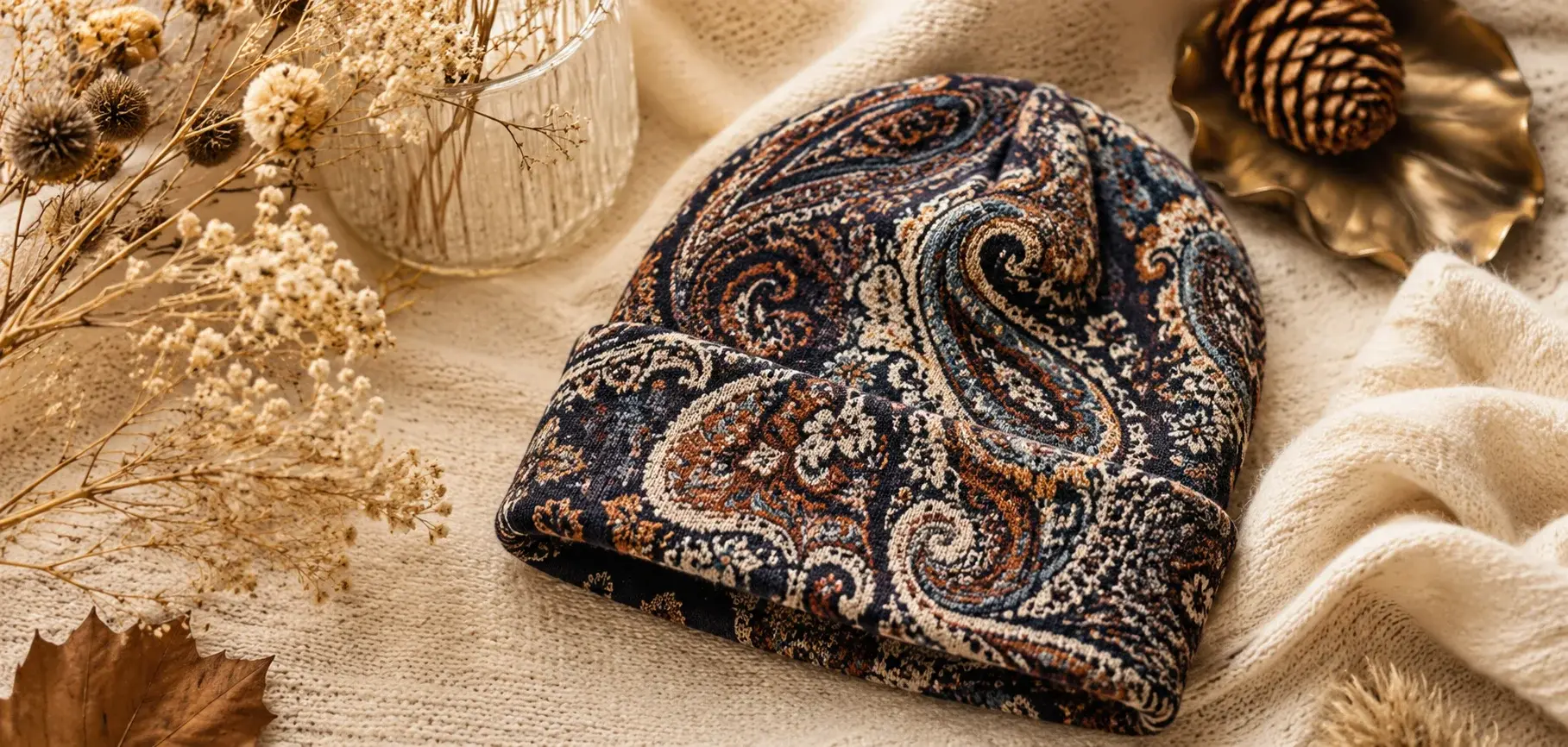Navy paisley beanie styled with neutral autumn accessories