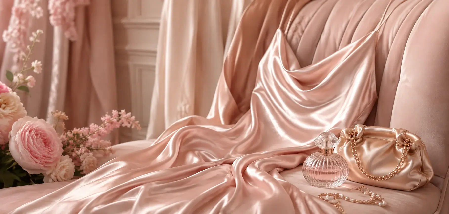 Blush pink charmeuse fabric elegantly draped with a satin handbag, perfume, pearls, and flowers.