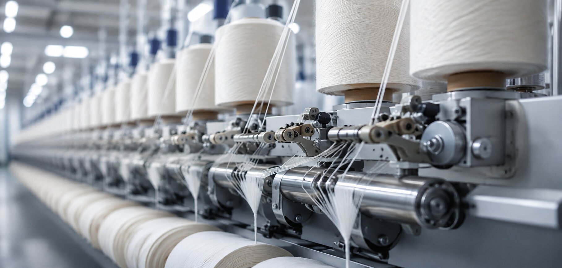 Modal fibers being spun into fine yarn on industrial textile spinning machines.