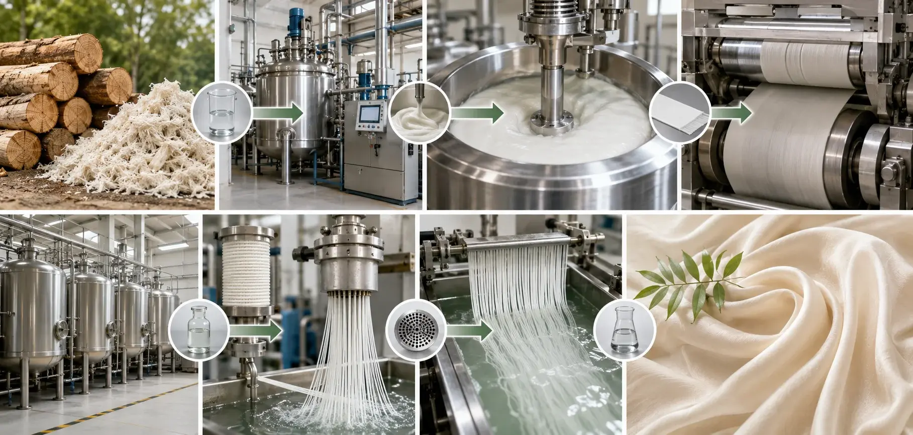 Step-by-step viscose fabric manufacturing process from wood pulp and chemical treatment to fiber extrusion and finished fabric.