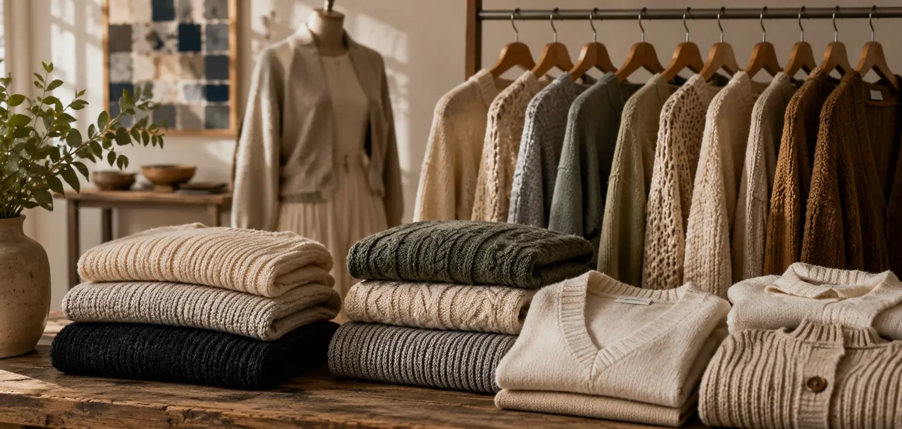 Collection of knitted clothing featuring sweaters, cardigans, and textured knitwear displayed folded and on hangers.