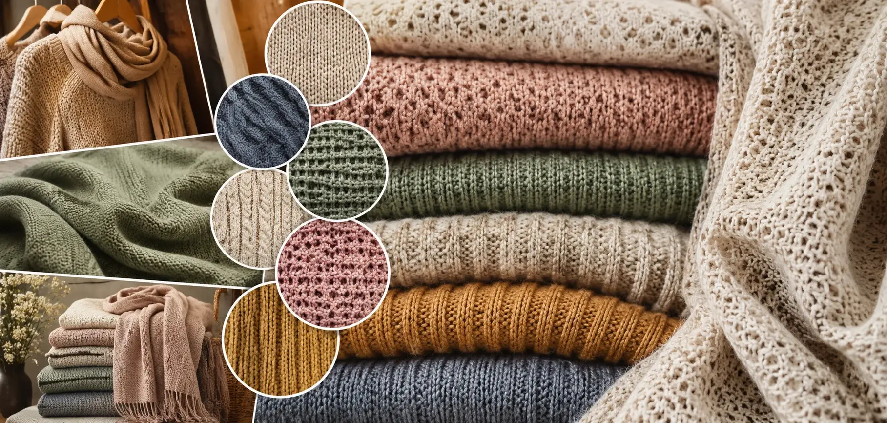 Variety of knitted fabrics showing rib, cable, waffle, lace, and textured knit patterns in multiple colors.