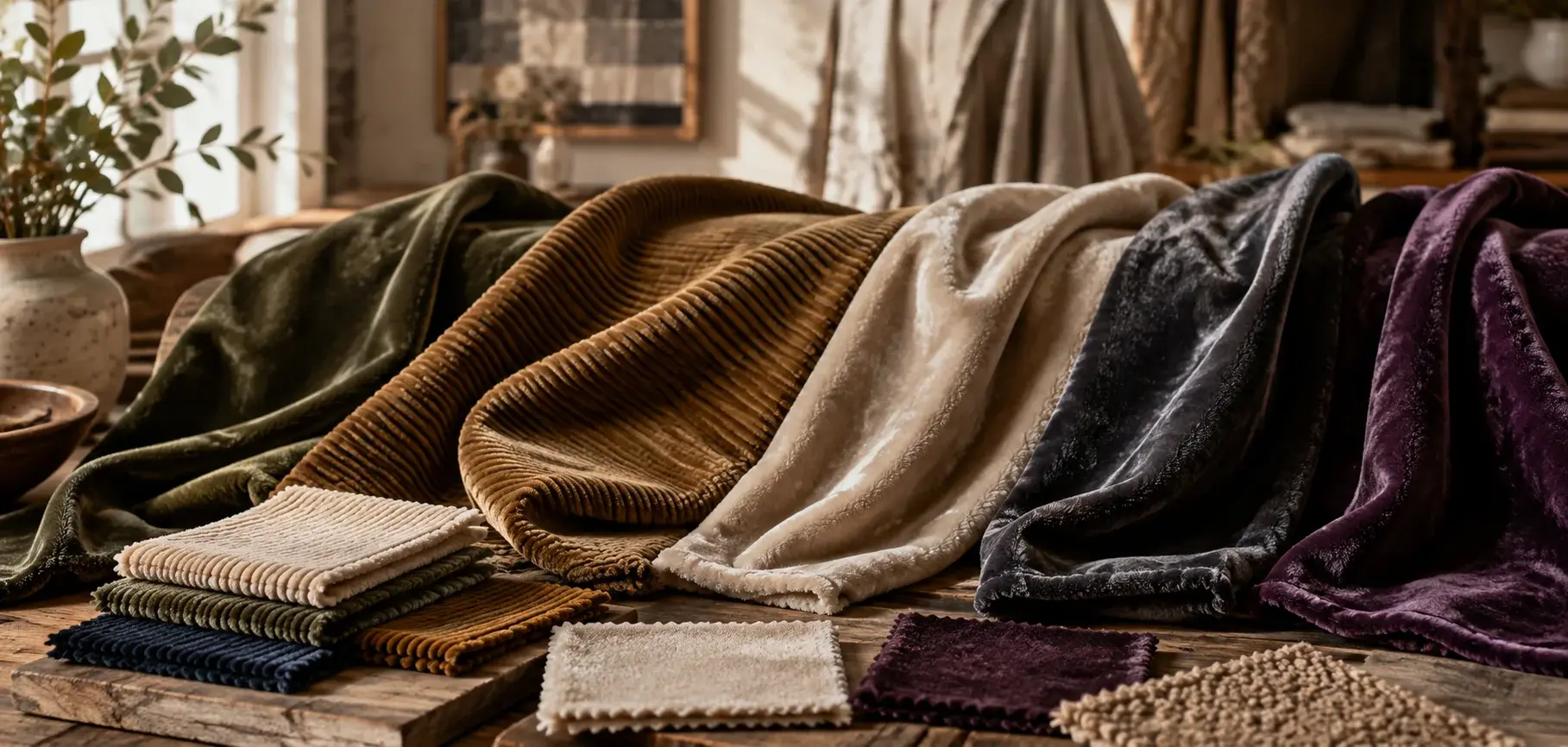 Assorted pile weave fabrics showing plush velvet, corduroy, and soft raised-texture surfaces in rich neutral colors.