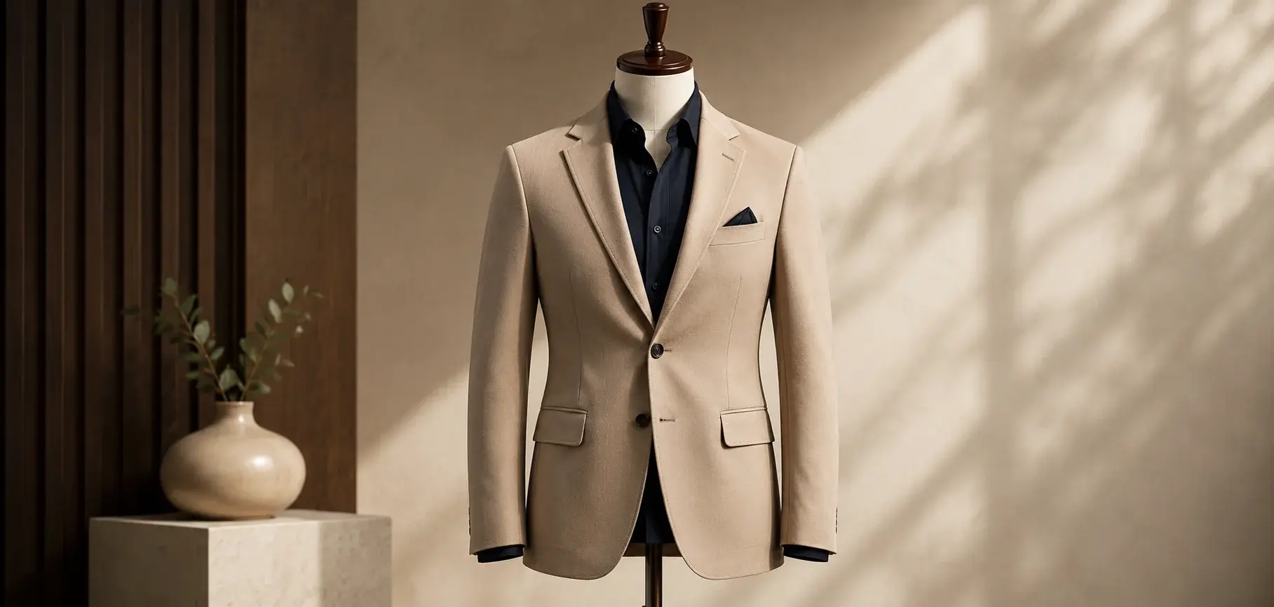 Beige tailored blazer mockup on a mannequin against an elegant neutral interior background.