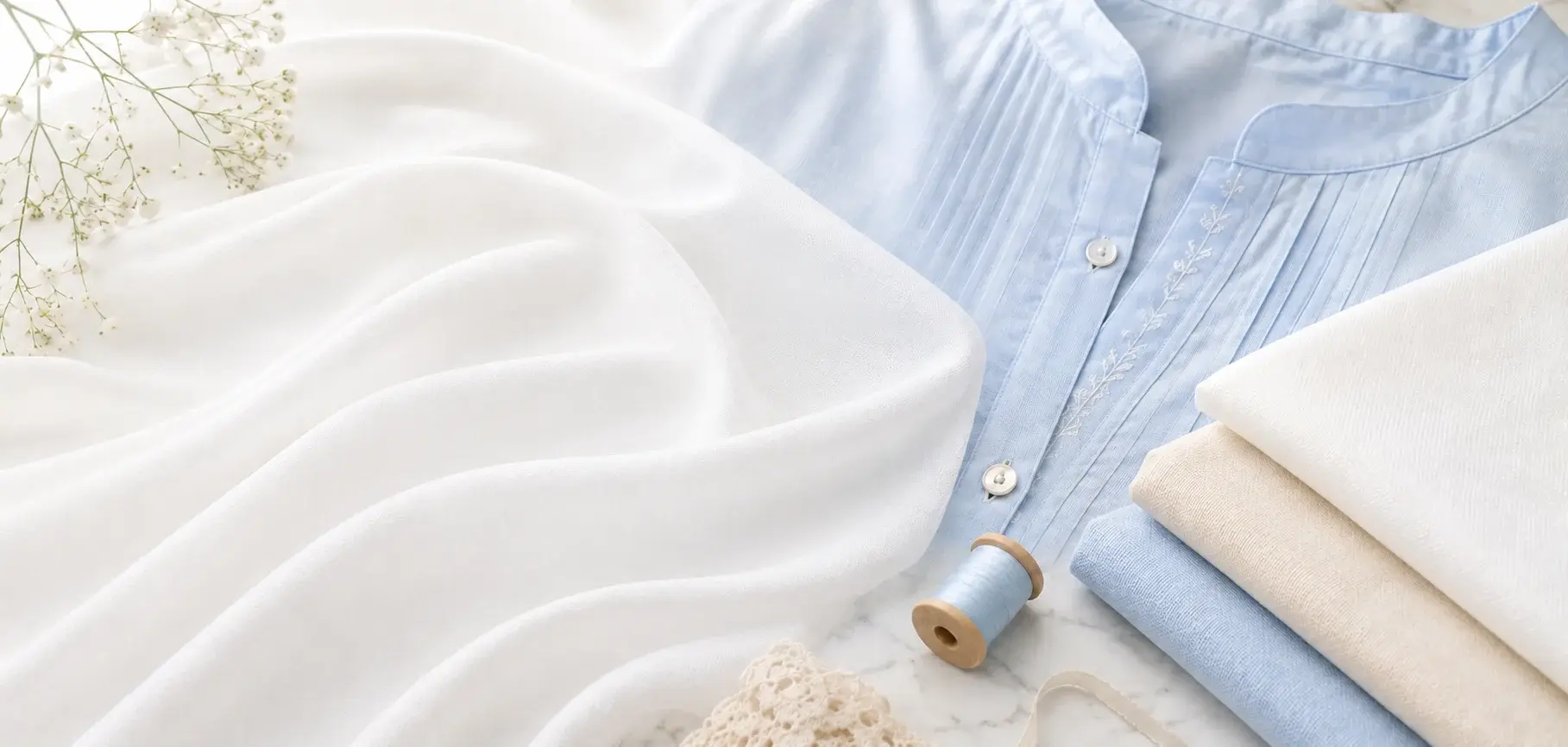 Soft white and light blue cambric fabric with a delicate blouse and folded fabric pieces.