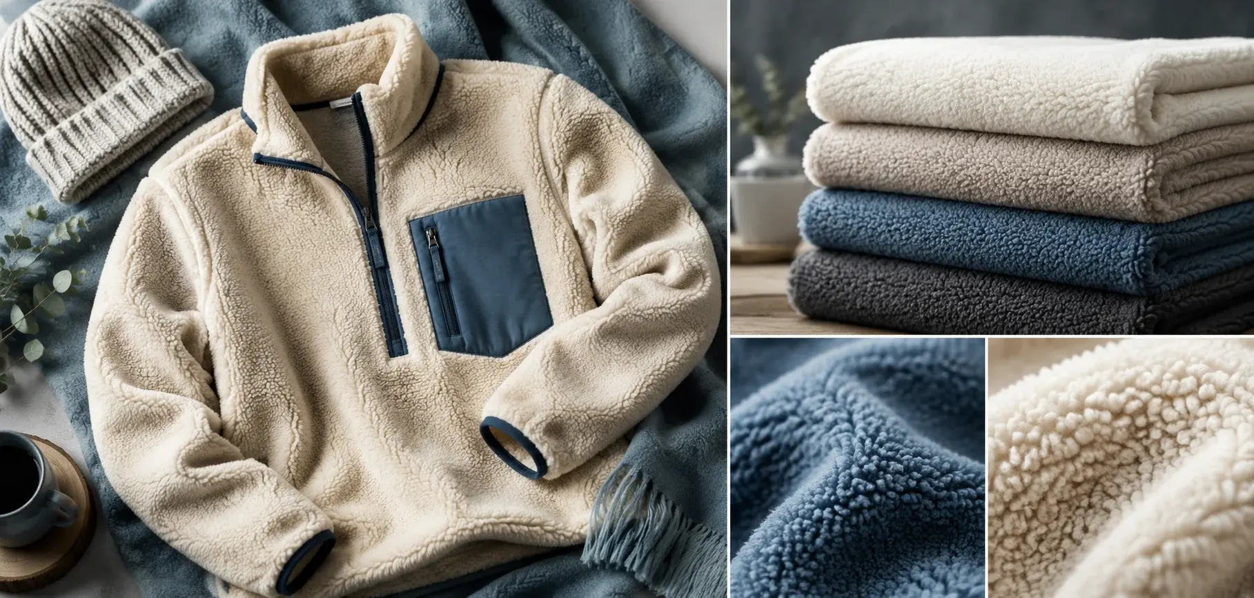 Cream fleece pullover with folded fleece fabrics.