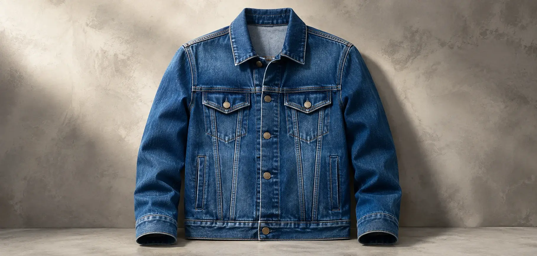 Blue denim jacket mockup displayed against a neutral textured background.