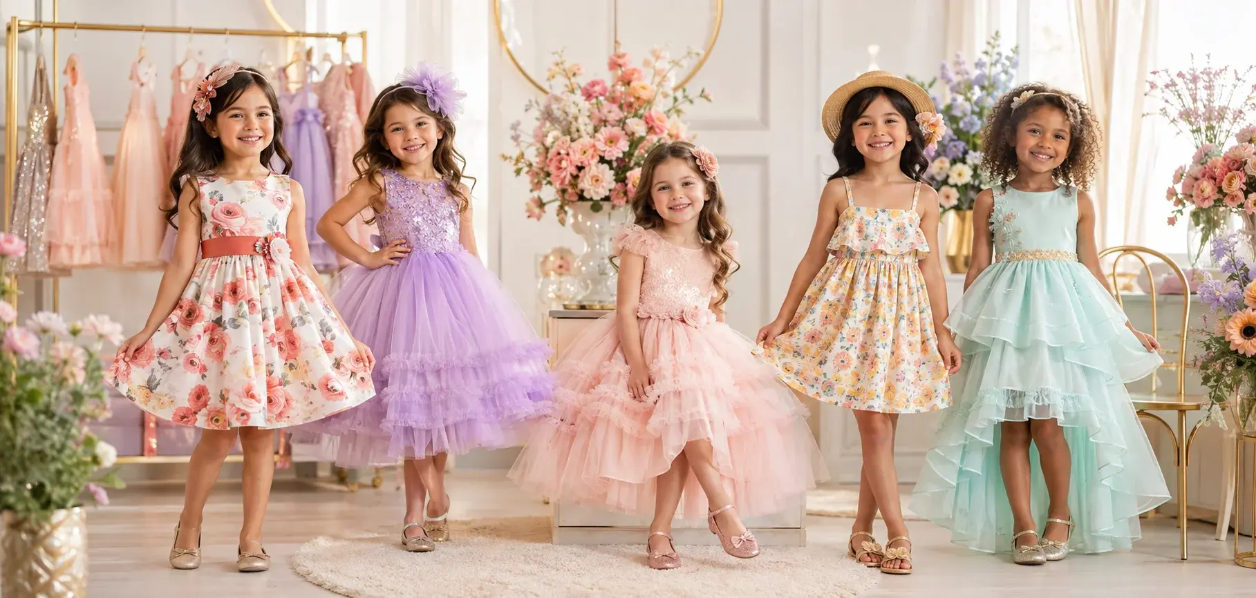 Girls modeling colorful dresses in a floral boutique