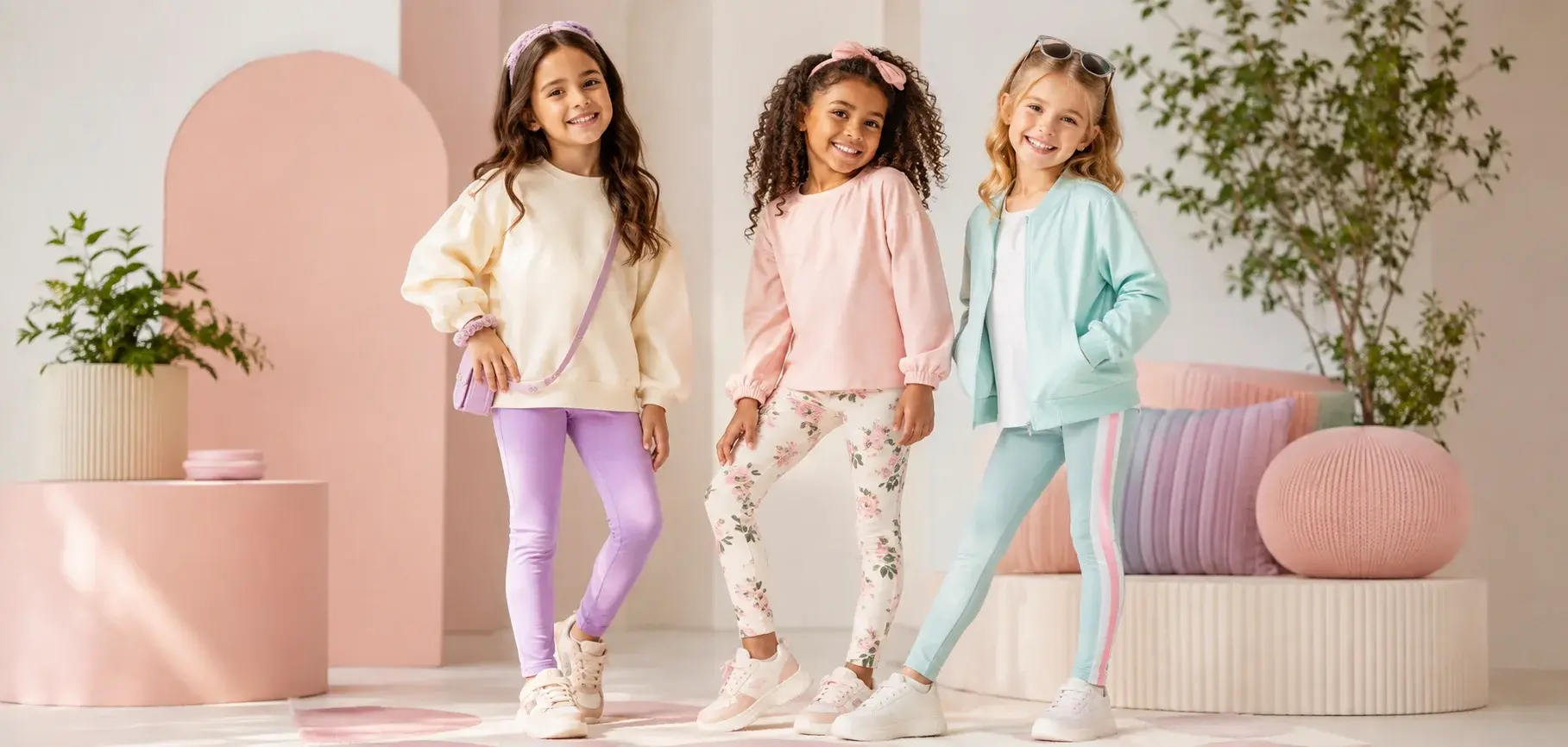 Girls modeling pastel leggings