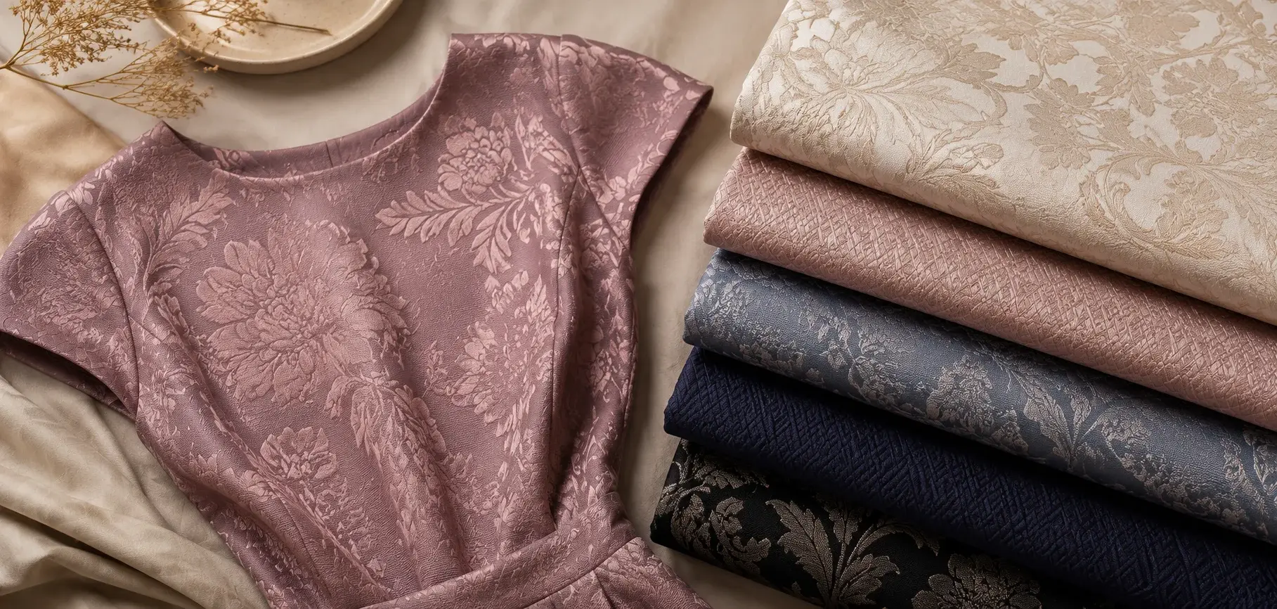 Jacquard top with stacked floral-patterned fabrics.