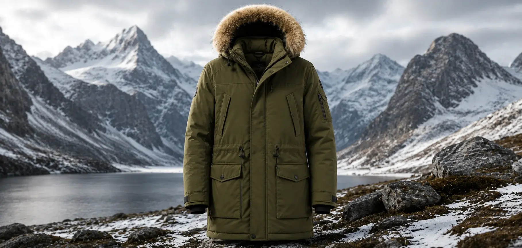 Olive green fur-hooded parka displayed against a snowy mountain and lake background.