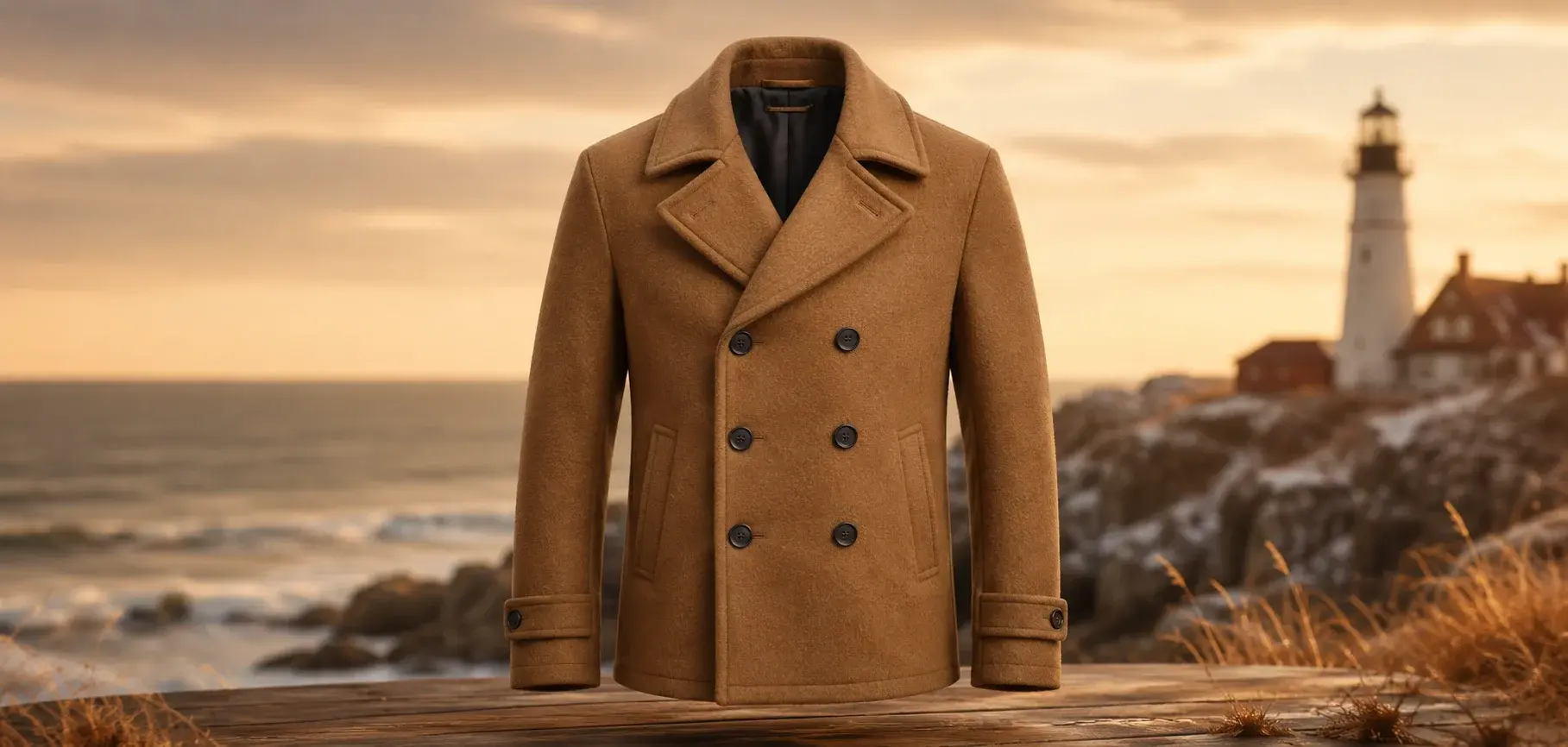 Camel brown pea coat mockup displayed against a warm coastal lighthouse background.