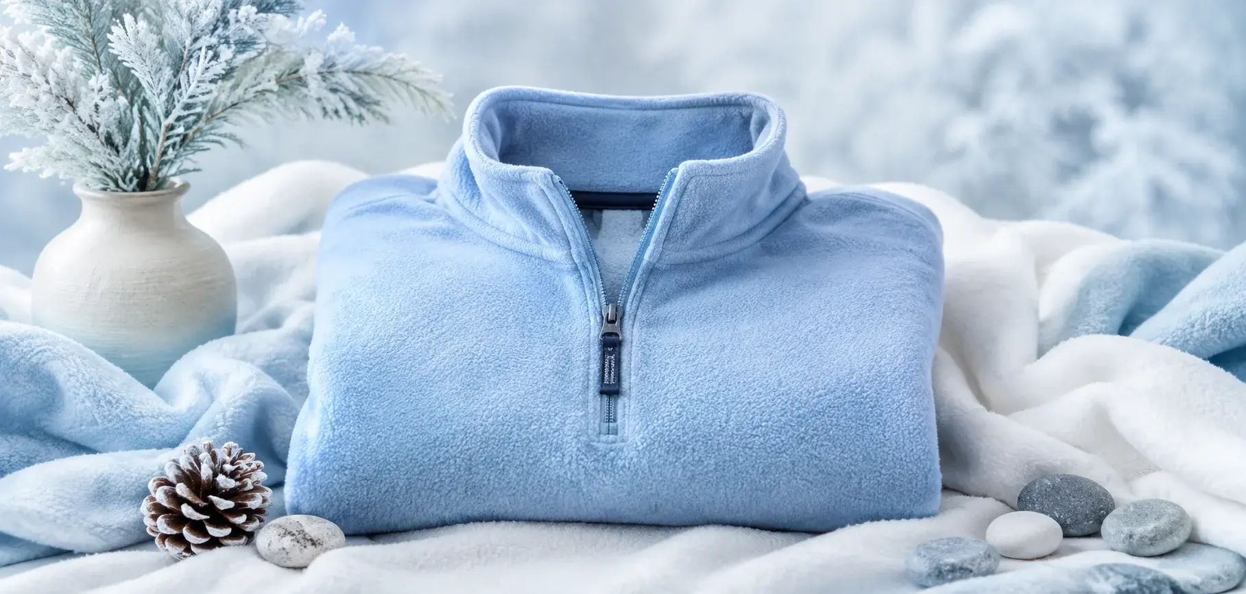 Light blue polar fleece quarter-zip pullover with soft fabric and winter-inspired styling.