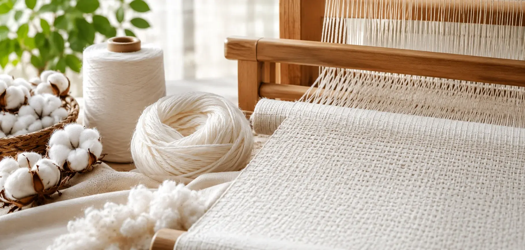 Pima cotton yarn being woven into soft fabric on a wooden loom with cotton bolls nearby.