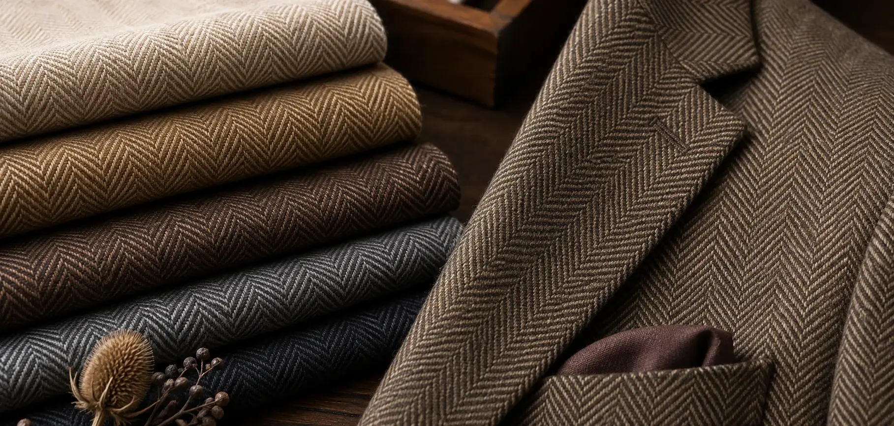 Folded herringbone twill fabrics with a tailored jacket showing the distinctive zigzag weave pattern.